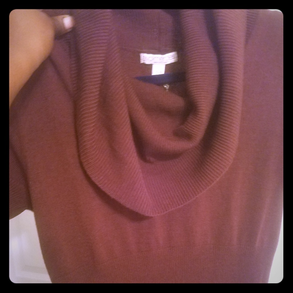 Burgundy cowl neck knee sweater dress.  Eva Mendes